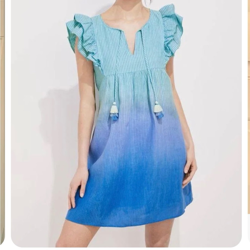 Vineyard Vines Linen Blue Dip Dye Ruffle Sleeve Dress